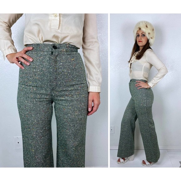 vintage 70s Green TWEED SPECKLED TROUSERS 26 wide leg trousers flares bellbottom - Picture 4 of 10